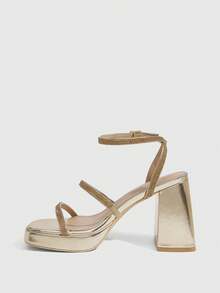 CUCCOO SZL Womens Gold Rhinestone Ankle Strap Chunky Heeled Platform Sandals - Gold - View 4