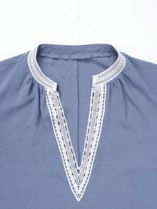 SHEIN LUNE CURVE 大尺碼拼接蕾絲V領短袖不對稱下擺洋裝 - 藍色 - 查看 7