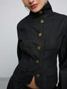 COUREZ Funnel Neck Jacket In Rinse Wash Denim/Y2K Jean Jacket Jean Tops For Women Cute Tops Long Sleeve Tops Concert Outfit Women Club Outfits For Women Fall - Black - View 6
