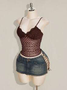 SHEIN ICON 女款性感波點印花蕾絲拼接細肩帶背心 - 棕色 - 查看 5