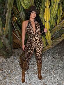 SHEIN SXY Sexy Leopard Print Backless Halter Neck Zipper Tight Jumpsuit - Multicolor - View 7