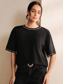 Anewsta Women's Elegant Casual Rhinestone Embellished T-Shirt, Suitable For Daily Commute Night Out Black Summer - Black - View 4