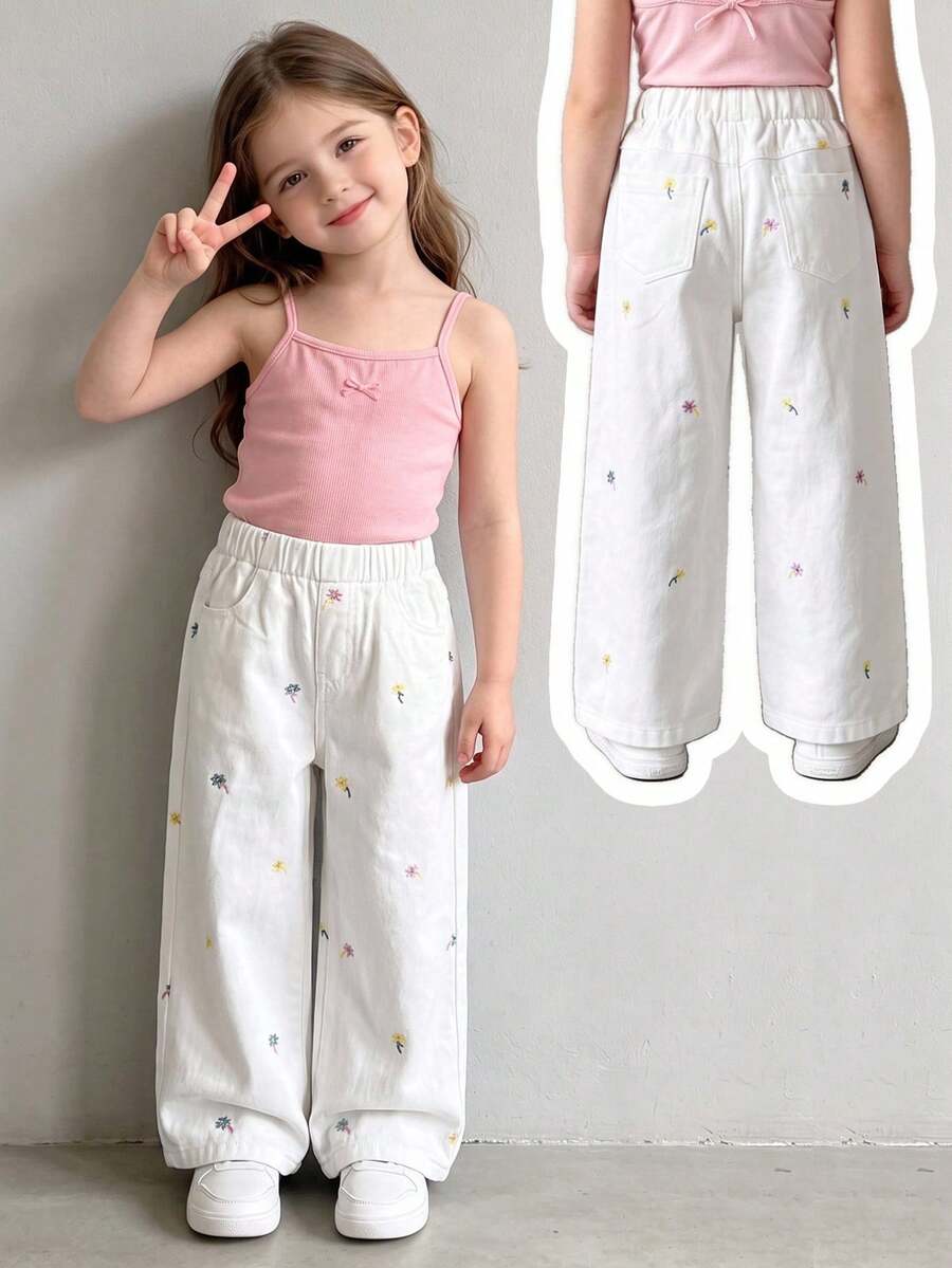 SHEIN 女童牛仔長褲，四季皆宜，可愛風格，白色牛仔布，彈性腰頭，彩色花卉刺繡設計，時尚直筒版型，柔軟舒適面料，適合日常穿著、派對、戶外等多種場合