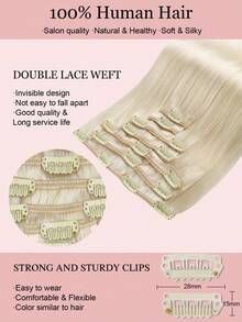 7 PIEZAS Extensiones de cabello con clip recto 100% cabello humano real de 14-24 pulgadas 115G Doble trama Extensiones de cabello con clip invisibles Cabello humano Remy natural para uso diario de mujeres y niñas - S60A - Ver 4