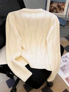 GlowEve CURVE Plus Size Elegant Pearl Round Neck Button Long Sleeve Cardigan - Beige - View 2
