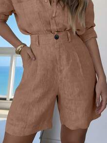 Balvessa Women's Solid Color Pocket Casual Versatile Daily Travel Blazer Shorts - Brown - View 1