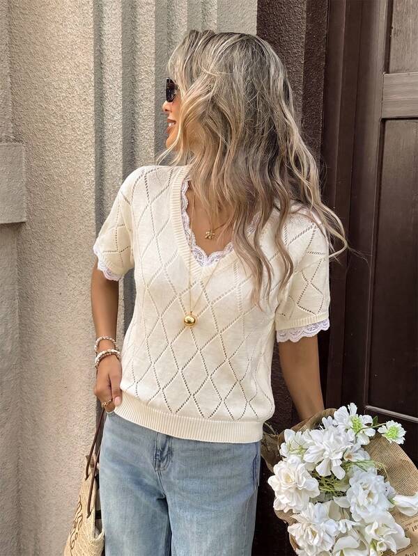 SHEIN New 2026 Women's Beige Diamond Openwork Knit Top-V Neck With Delicate White Lace Trim, Short Dolman Sleeves, Relaxed Silhouette, Effortlessly Blending Romantic Cottagecore Charm With Soft Feminine Style, Ideal For Brunch Dates, Vacation Outings And Spring Summer Daily Wear