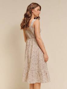 lacRébo Floral Print Short Cap Sleeves Square Neck Loose Fit Midi Dress With Lace Detail Summer Holiday Boho - Apricot - View 2