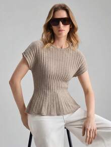 Ontre Women's Solid Color Round Neck Batwing Short Sleeve Cinched Waist Ruffle Hem Knit Top - Mocha Brown - View 5