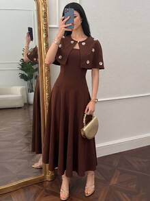 NOVVYNE Women's Brown Knitted Cardigan With 3D Beaded Embellishments, Elegant Romantic Small Shawl And Waist-Cinching A-Line Sleeveless Elegant Romantic Dress 2 Pieces Set - Apricot - View 6