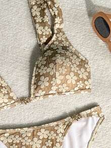 Bonvoyette Conjunto de Maiô Bikini Floral Jacquard com Taça Triangular e Efeito Emagrecedor para Mulheres, Águas Termais & Férias - Café - Visão 5