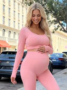 SHEIN Maternity Solid Color Long Sleeve Top And Elastic Long Pants Set Fall - Pink - View 1
