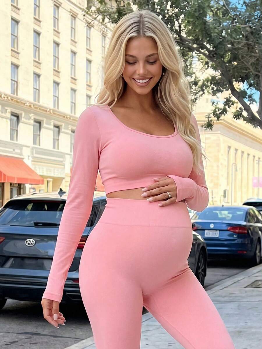 SHEIN Maternity Solid Color Long Sleeve Top And Elastic Long Pants Set Fall - Pink - View 1