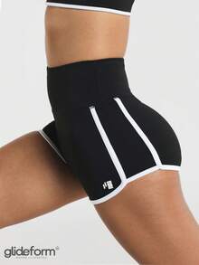 11SKNDS High Waist Athletic Running Shorts With Contrast White Piping Detail And Sporty Dolphin Hem Slim Fit Booty Shorts For Training Gym And Summer Workouts - Black and White - View 1