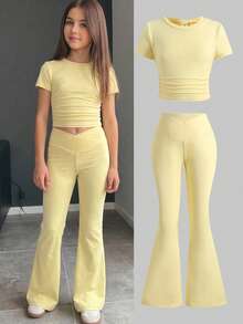 SHEIN Tween Girl Tween Girl Casual Daily Fitted Yellow Ruched Round Neck Top And Ruched Waist Flared Pants Set - Yellow - View 2