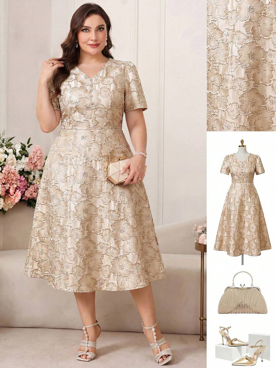Reflora Plus Size Women's Dress Spring Summer Elegant Formal Elegant Romantic Short Sleeve Mid-Length Evening Wedding Guest Beige - Gold - View 1