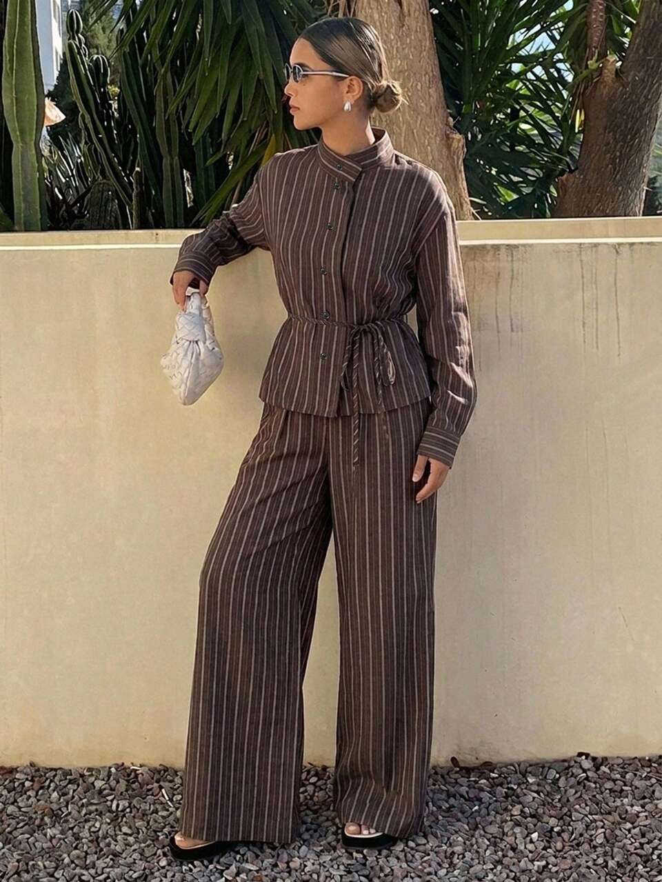 Women's 2 Pieces Set: Loose Pinstripe Waist Tie Asymmetric Front Button Shirt And Straight Leg Pants, Autumn Business Casual Vacation Office Streetwear