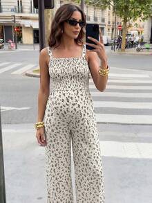 MaterniWear Maternity Casual Vacation Style Ditsy Floral Shirred Bodice Spaghetti Strap Wide Leg Jumpsuit - White - View 1