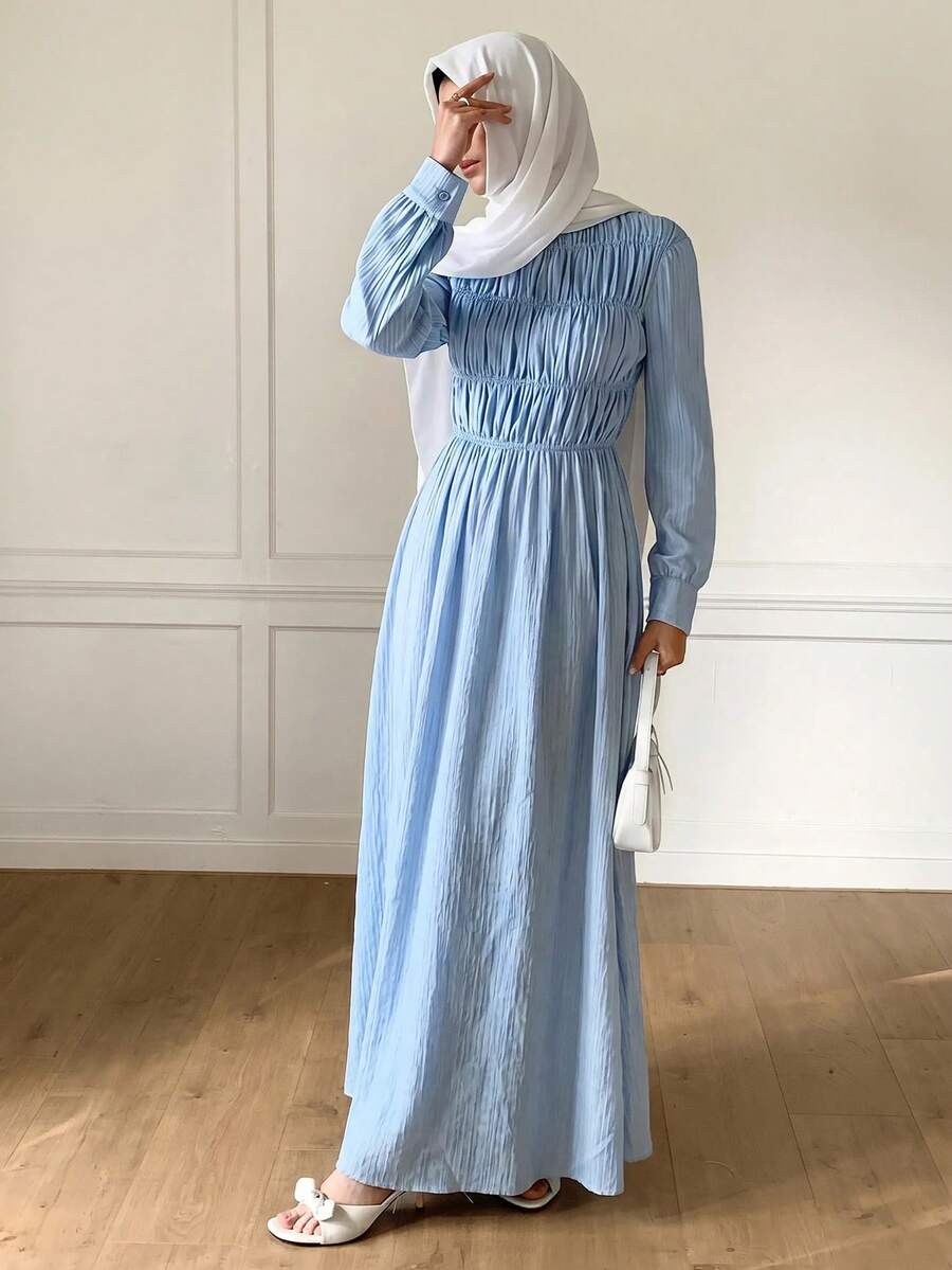 Solavon Women's Solid Color Round Neck Long Sleeve Pleated Elegant Modest Dress Tea Party Brunch Baby Blue Fall - Blue - View 1