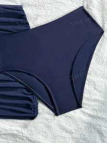 SHEIN 青少年女孩夏季海灘純色細肩帶比基尼與三角泳褲泳衣套裝附迷你裙 - 藏蓝色 - 查看 6