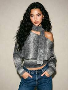 ROMWE Autumn/Winter Casual Asymmetric Collar Gradient Sweater - Dark Grey - View 5