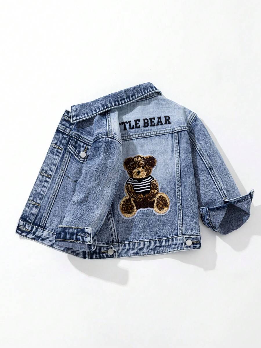 SHEIN 男童牛仔夾克，休閒毛絨拼接刺繡，復古做舊水洗，長袖，假日派對穿搭，秋冬藍色