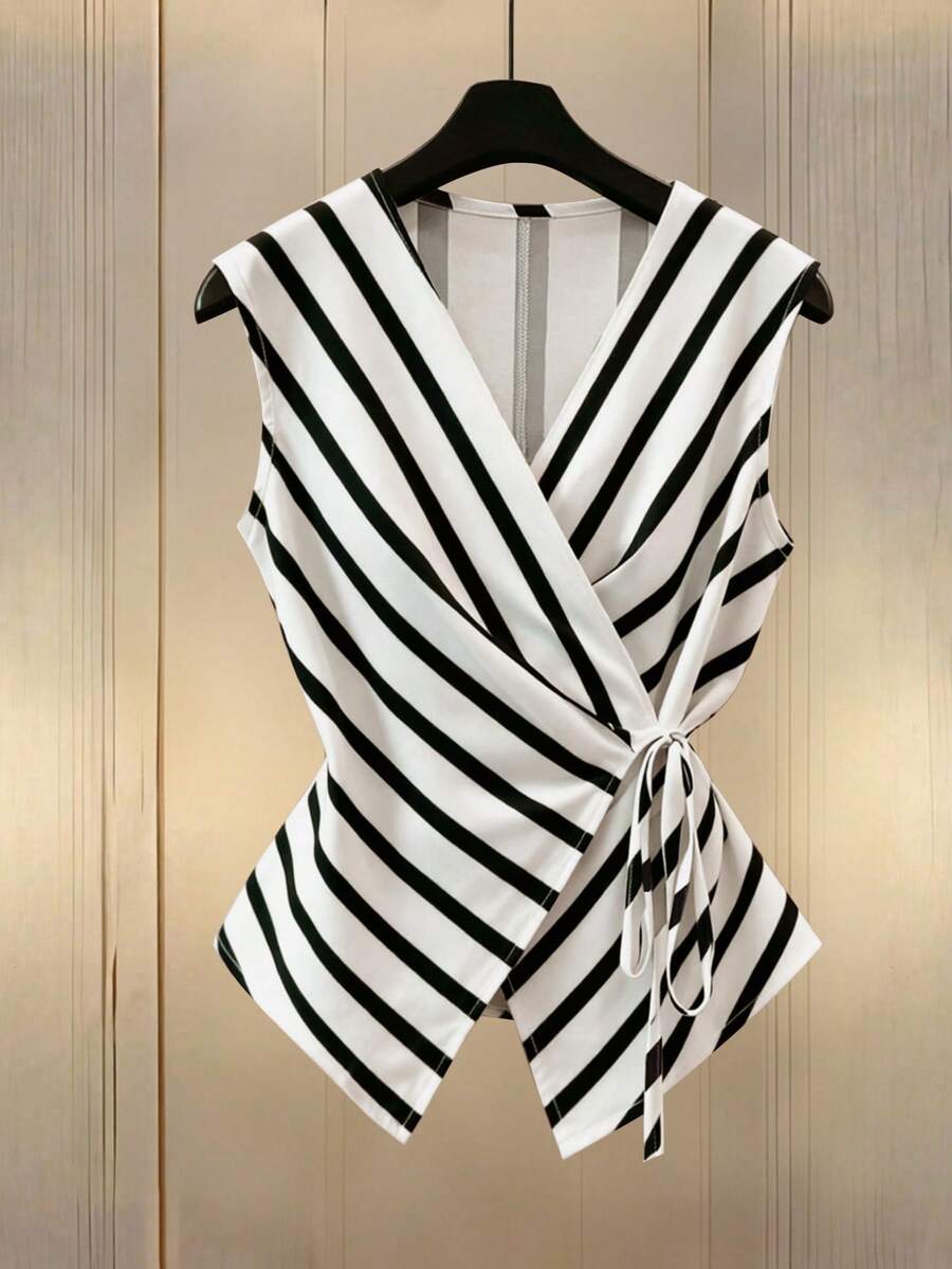 GlowEve CURVE Plus-Size Women's Elegant V-Neck Black And White Striped Sleeveless Wrap Tie Shirt, - Black and White - View 1