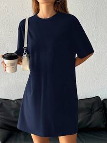 SHEIN EZwear 女款休閒寬鬆海軍藍圓領短袖短洋裝，適合夏季 - 藏蓝色 - 查看 6
