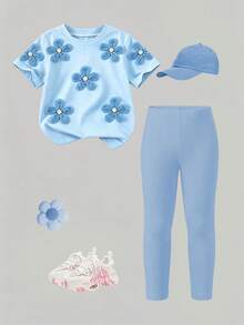 SHEIN Playful Pals 女嬰 2件/套休閒時尚百搭春夏嬰兒幼兒T恤套裝，可愛甜美藍色花卉上衣，花卉圖案，寬鬆圓領短袖T恤與藍色內搭褲2件套，春夏服裝套裝，適合休閒外出、返校、派對穿著 - 彩色 - 查看 6