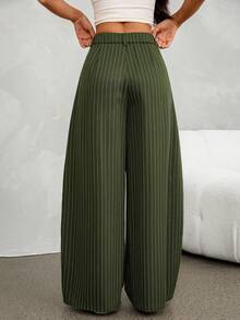 SHEIN PETITE 女款條紋百褶寬腿寬鬆休閒長褲 - 軍綠色 - 查看 3