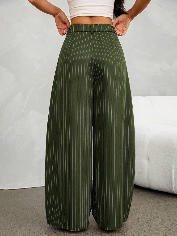 SHEIN PETITE 女款條紋百褶寬腿寬鬆休閒長褲 - 軍綠色 - 查看 2