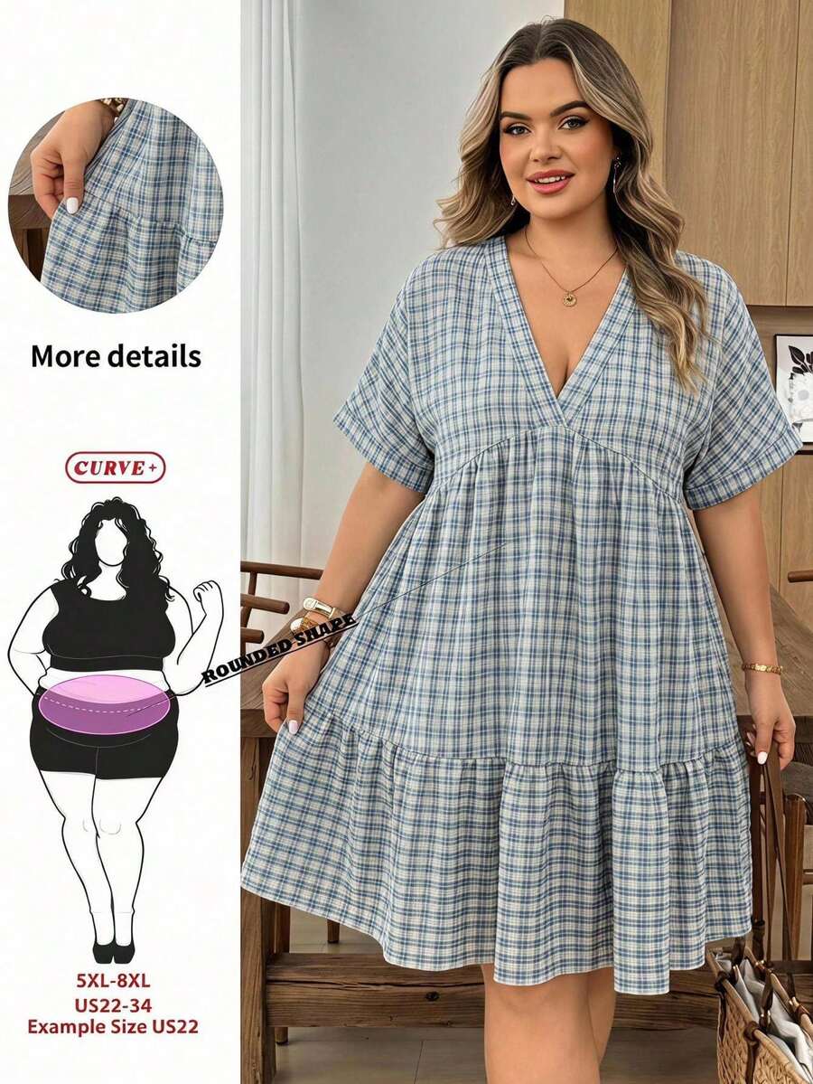 SHEIN CURVE+ 大尺碼女款 V 領格紋休閒日常洋裝 - 藍色 - 查看 1