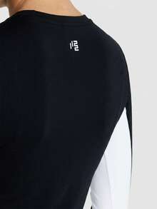 11SKNDS Long Sleeve Crew Neck Compression Top With Color Block Side Panels, Thumbhole Cuffs, Slim Fit Athletic Running Layer With Sweat-Wicking, Stretchy, Breathable, Quick-Dry & Buttery-Soft, For Gym Workout Fitness Yoga Pilates Studio, Training & Hy-Rox - Black and White - View 5