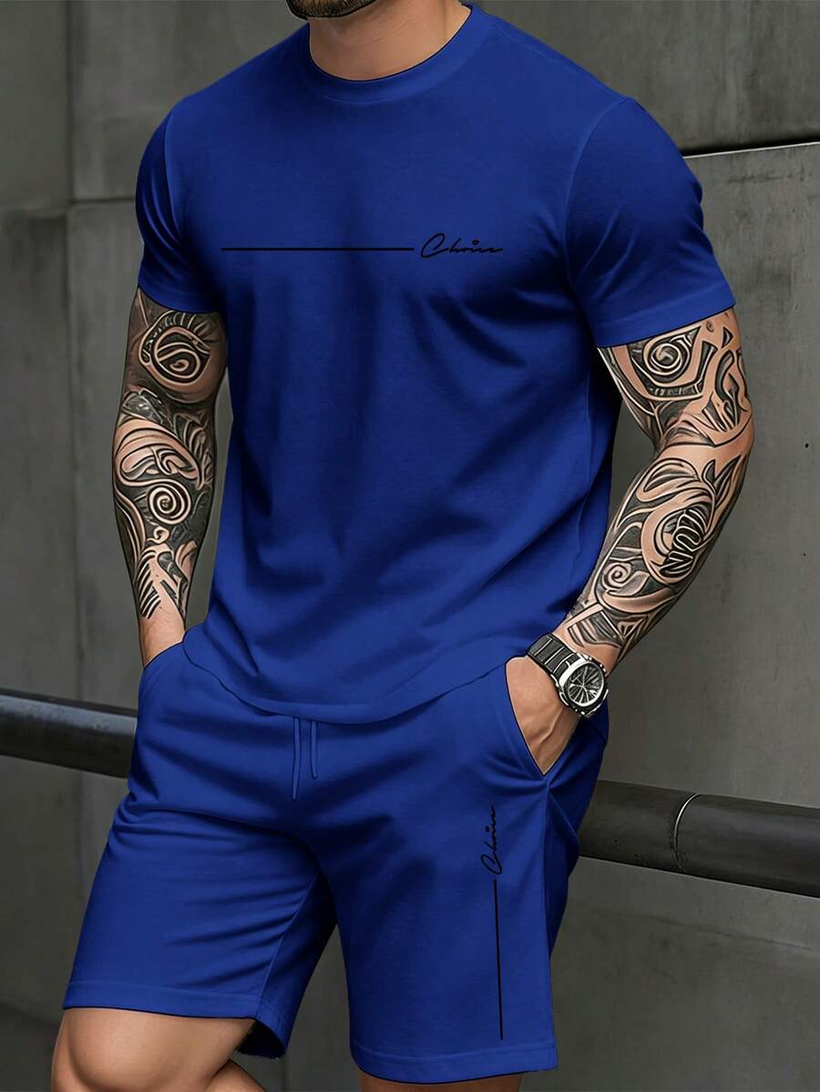 Manfinity Homme 男士極簡彩色蘭花圓領T恤短褲套裝,手繪線條字母印花圓領T恤短褲套裝,極簡奢華休閒度假戶外男士T恤短褲套裝 - 藍色 - 查看 1