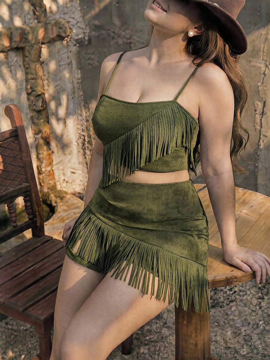 SHEIN MOD 大尺碼女款棕色麂皮流蘇兩件套,音樂節穿搭,西部風格套裝 - 軍綠色 - View 1