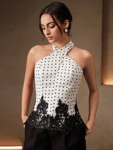 Anewsta Women's White And Black Polka Dot Print Halter Neck Tank Top, Sexy Retro 1960s Vintage Summer Lace Trim Camisole Brunch Party - Black and White - View 4