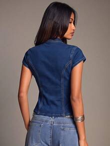SHEIN BAE Women's Casual Stand Collar Versatile Daily Wear Top Everyday Blue Summer - Blue - View 2