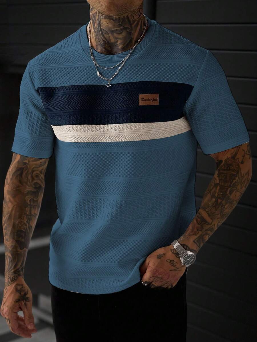 Manfinity Homme Men's Colorblock Casual Everyday Short Sleeve T-Shirt - Teal Blue - View 1