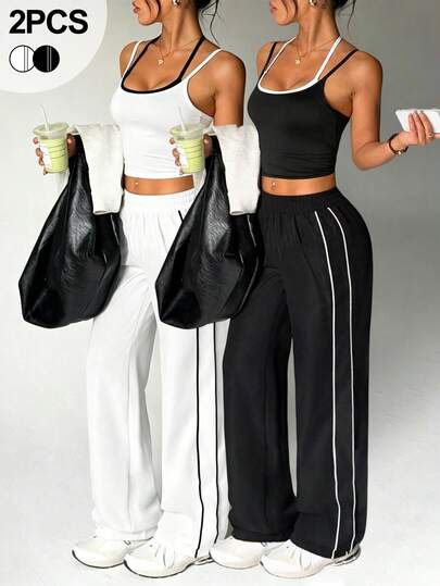 SHEIN Velisys 4pcs Black & White Women's Sports Set, Spring/Summer, 2 In 1 Contrast Design, Spaghetti Straps, Back Hollow Out, Tight-Fitting Sports Top And Straight Leg Pants, Woven Fabric, Side Contrast Stripe Patchwork, Loose Fit, Suitable For Daily Casual, Running, Yoga, Gym, Golf, Tennis