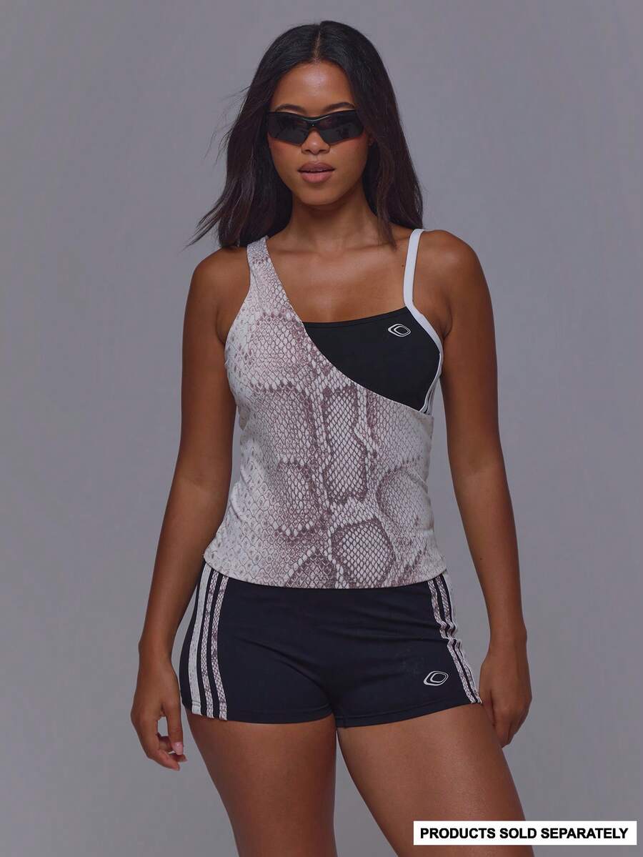 Musera Sport Black Snake Print One Shoulder Strappy Stripe Side Sport Logo Tank Top Only Gym Pilates Fitness Daily Casual Everyday Running Void - Black - View 1