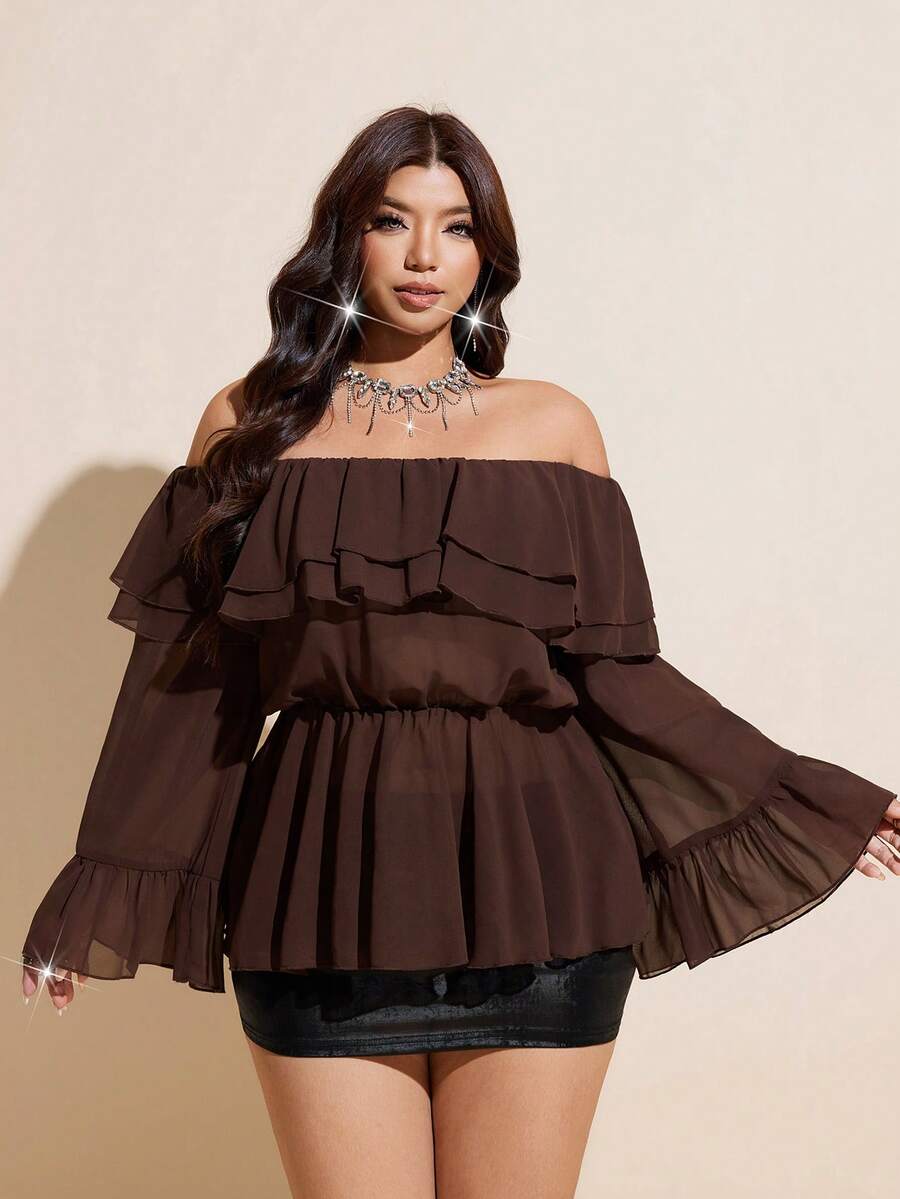 Viva Relle Plus-Size Plus Size Women's Off-Shoulder Double-Layered Ruffled Sensual Top Fall - Brown - View 1