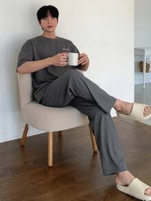 DAZY 男士夏季短袖T恤與波點長褲套裝居家休閒睡衣 - 灰色 - 查看 7