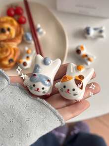 2pcs Ceramic Cat Shaped Chopstick Rest Holder, Cute Ins-Style Kitty Utensil Stand, Creative Tabletop Decor Stationery Holder - Multicolor - View 1