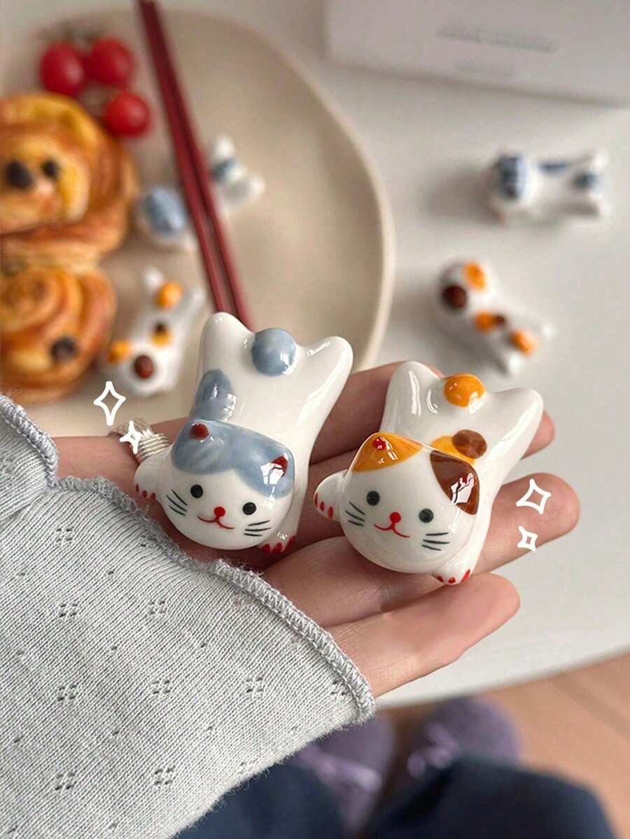 2pcs Ceramic Cat Shaped Chopstick Rest Holder, Cute Ins-Style Kitty Utensil Stand, Creative Tabletop Decor Stationery Holder - Multicolor - View 1