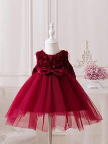 SHEIN Glamorique Kids 女嬰酒紅色薄紗3D花朵無袖洋裝，生日花童派對、婚禮公主風夏季保暖優雅造型 - 酒紅色 - 查看 5