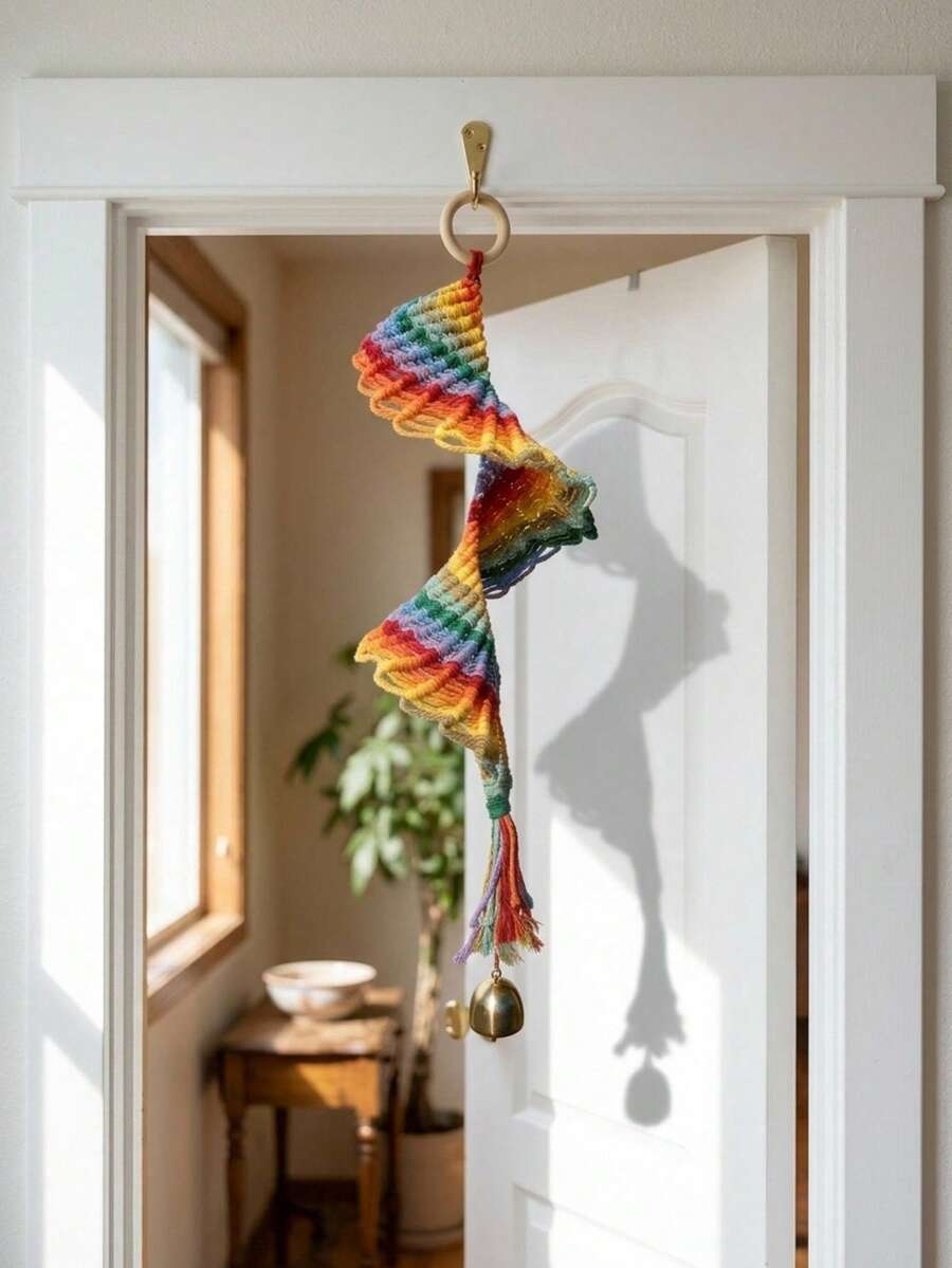 Cirelle 1pc Boho Rainbow Spiral Macrame Hanging Ornament | Hand-Woven Mobile With Brass Bell For Window, Patio - multicolor - View 1