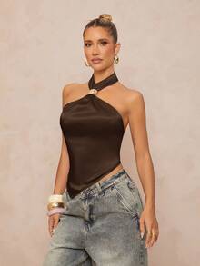Lumalex Metal Decor Backless Hanging Ribbon Satin Top For Women - Brown - View 6