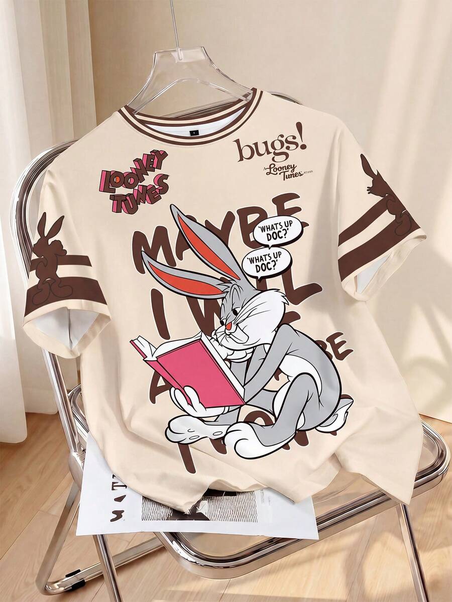 LOONEY TUNES X SHEIN 女款圓領短袖休閒T恤，滿版圖案印花 - 白色 - 查看 1