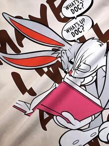 LOONEY TUNES X SHEIN 女款圓領短袖休閒T恤，滿版圖案印花 - 白色 - 查看 7