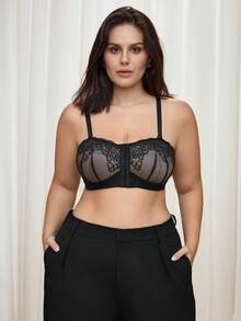 Bralution Black Bandeau Front Closure Push Up Bra, Non-Slip Lace Patchwork, Lift And Support, High Coverage 1/2 Cup Comfy Balconette Bra, Plus Size Summer Sexy - Black - View 4